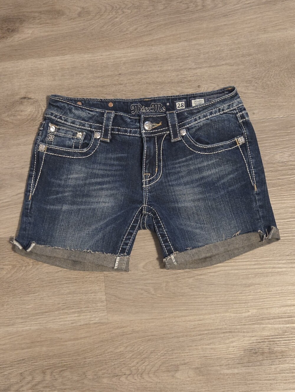 Miss Me Dark Blue Rolled Hem Denim Shorts
